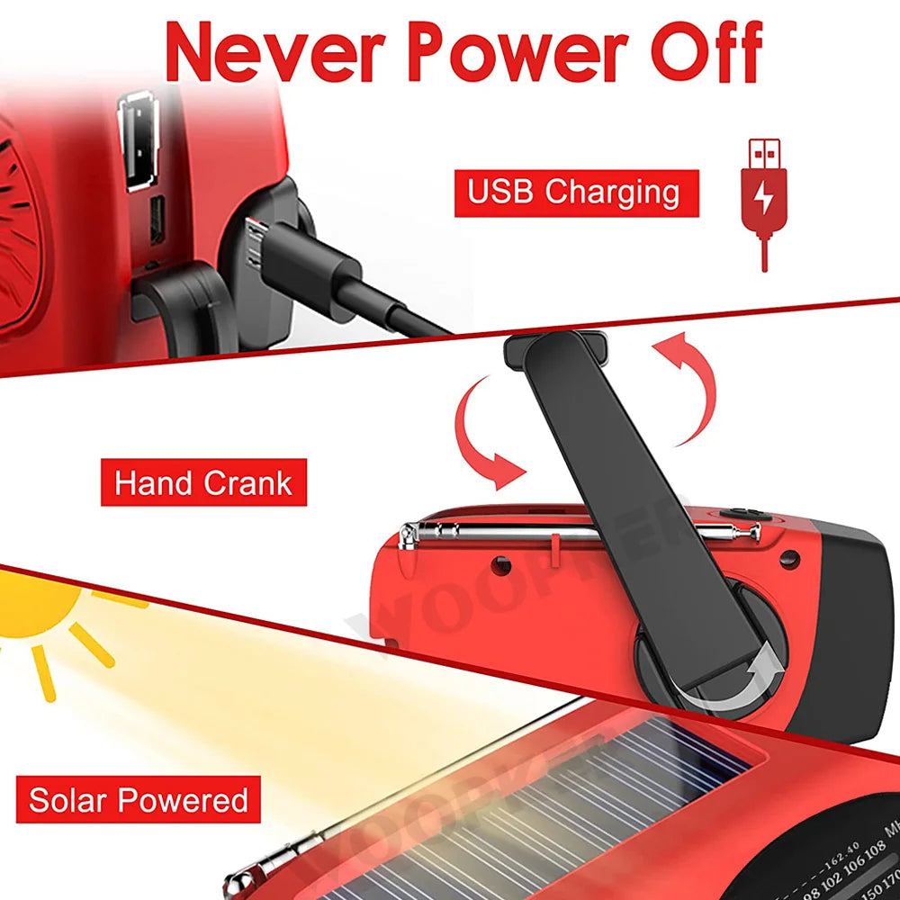 Woopker E04 Upgrade Multifunction Radio Solar Hand Crank FM /AM /NOAA WB Weather Radios Emergency Flashlight 2000mAh Power Bank