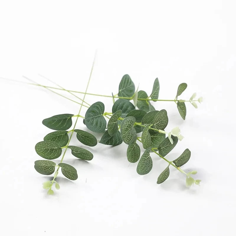 10pcs Eucalyptus Leaves Bunch Branch Artificial Plastic Plants Leaves Green Stems Wedding Faux Fake Flowers Cake DIY Decor