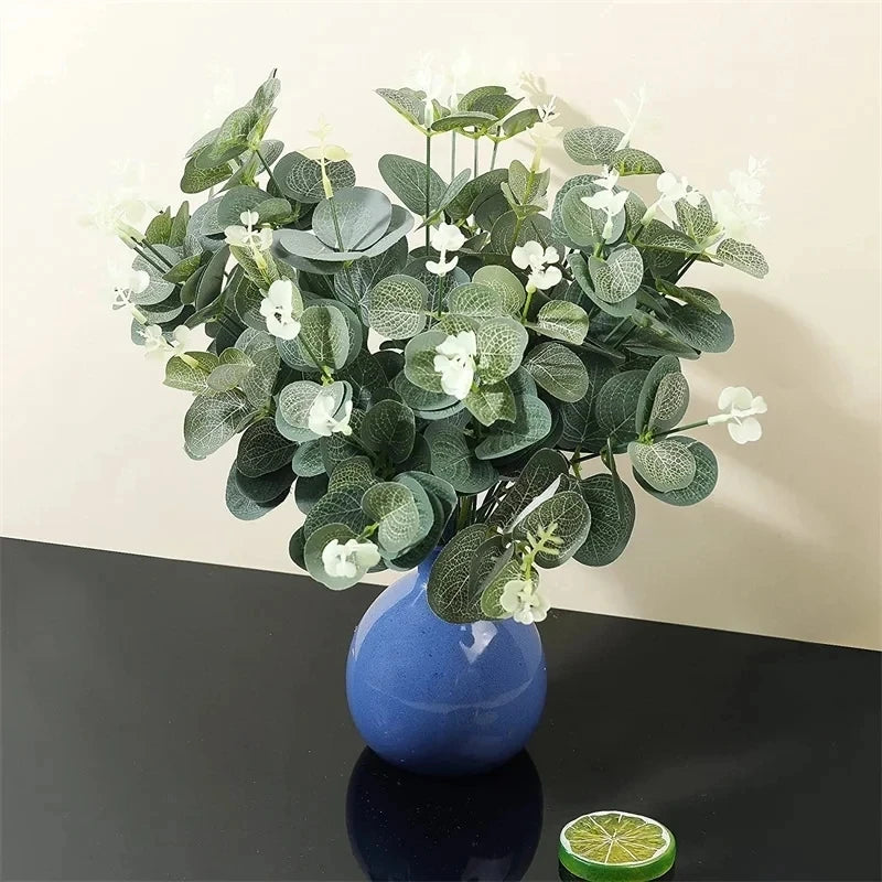 10pcs Eucalyptus Leaves Bunch Branch Artificial Plastic Plants Leaves Green Stems Wedding Faux Fake Flowers Cake DIY Decor