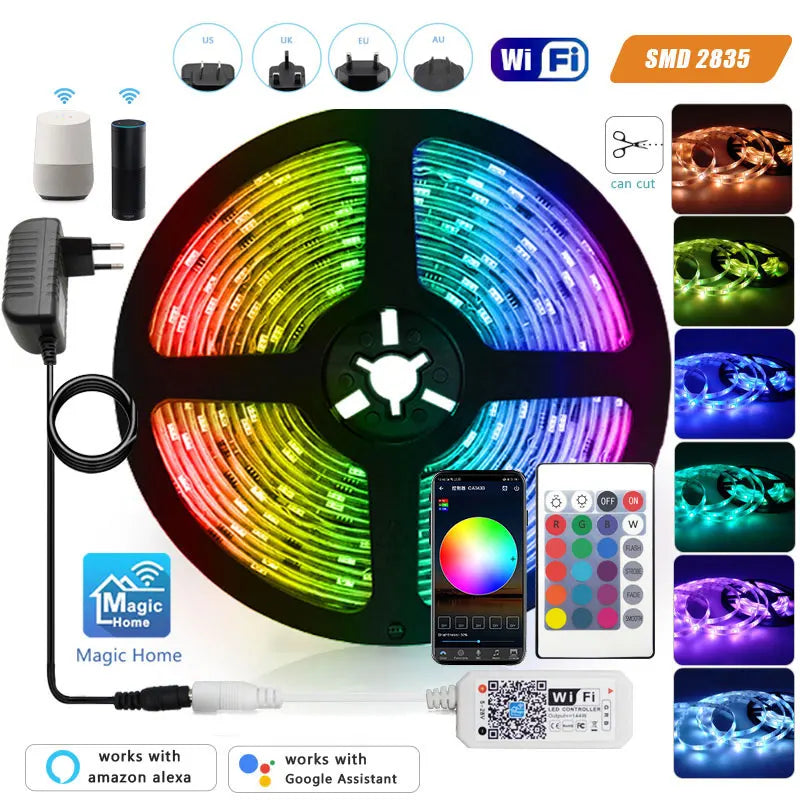 Rgb Led Strip Alexa 12V 15M 20M Led Wall Room Children 2835 5050 Waterproof Outdoor Lighting Led Tape For Kitchen White Band