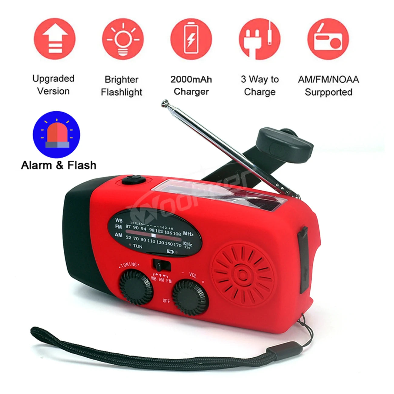 Woopker E04 Upgrade Multifunction Radio Solar Hand Crank FM /AM /NOAA WB Weather Radios Emergency Flashlight 2000mAh Power Bank