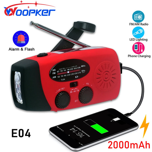 Woopker E04 Upgrade Multifunction Radio Solar Hand Crank FM /AM /NOAA WB Weather Radios Emergency Flashlight 2000mAh Power Bank