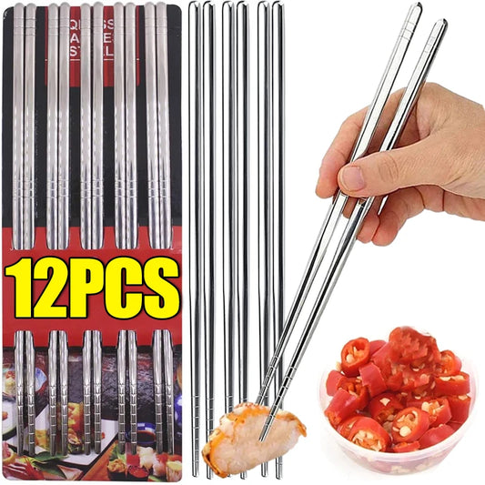 12/2Pcs Reusable Sushi Chopsticks Set Stainless Steel Non-Slip Japanese Chinese Korean Food Metal Chop Sticks Kitchen Tableware